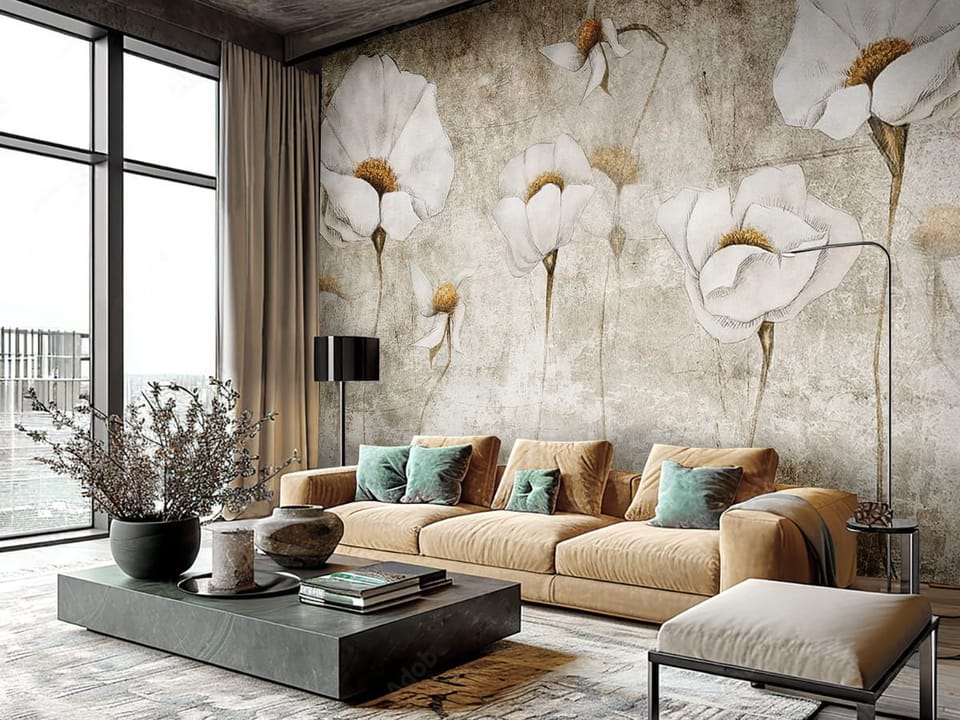 Fototapeta Białe maki na szarym tle we wnętrzu salonu