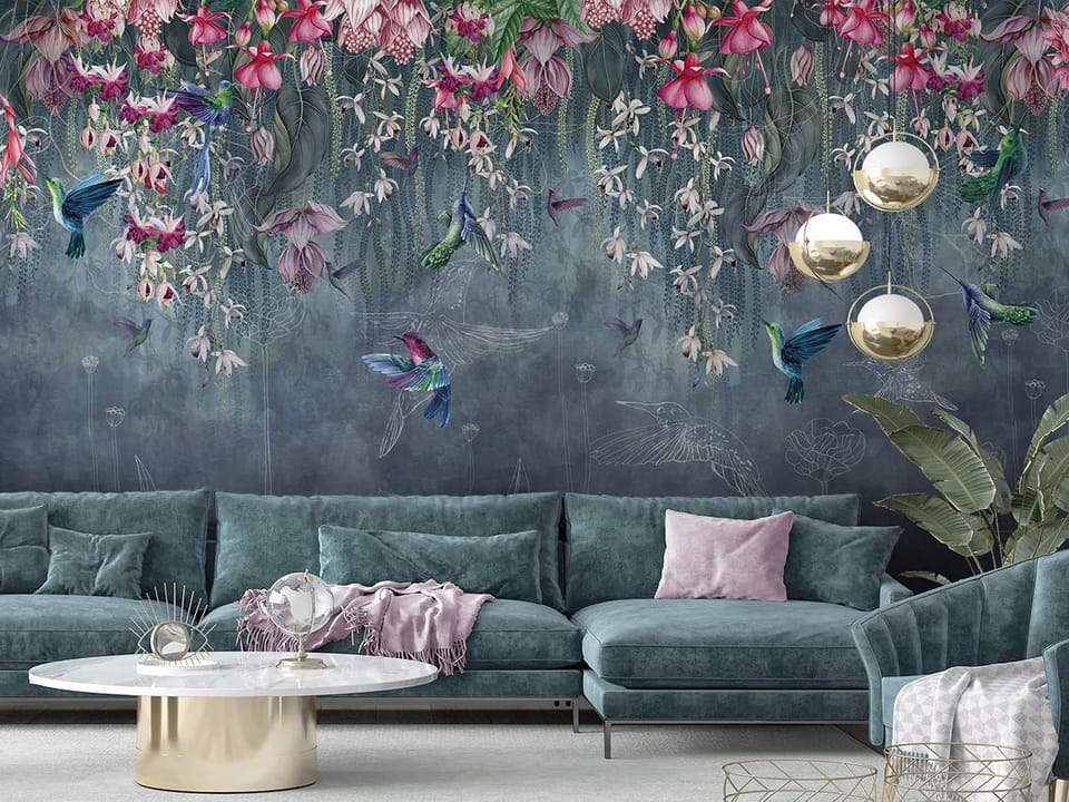 Fototapeta Egzotyczne kwiaty i kolibry we wnętrzu salonu