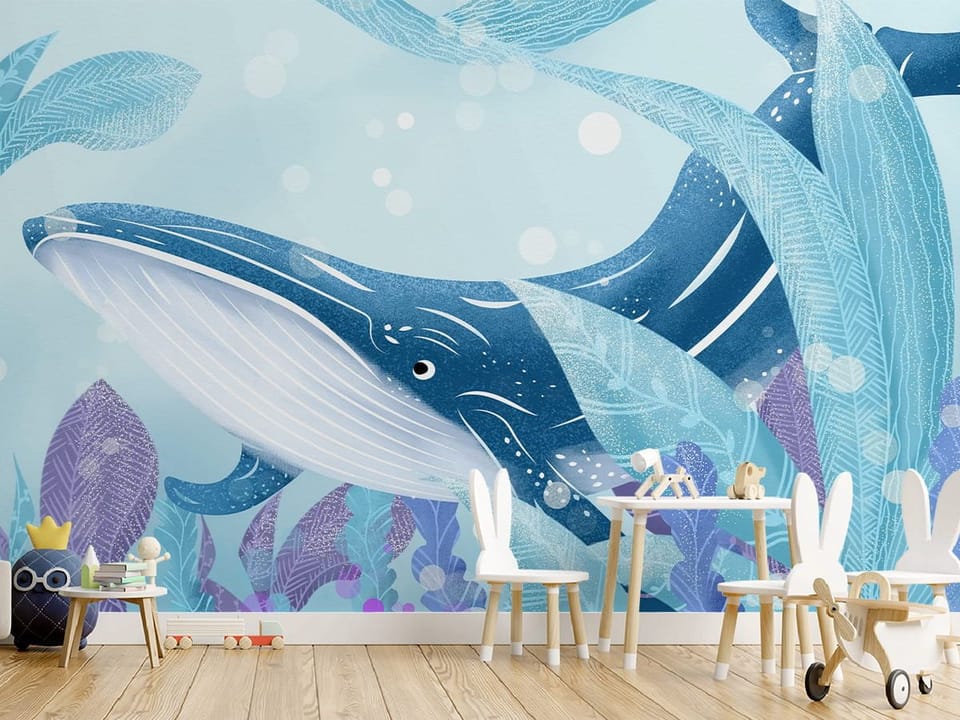 Fototapeta Wieloryb wśród podwodnych roślin we wnętrzu pokoju dziecka