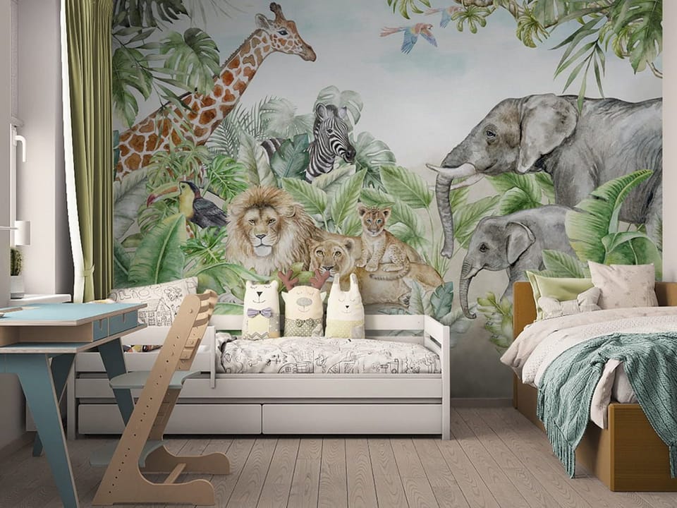 Fototapeta Zwierzęta w tropikalnym lesie we wnętrzu pokoju dziecka