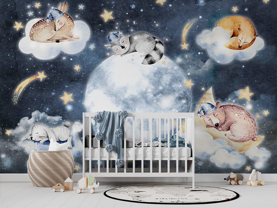 Fototapeta Zwierzęta na chmurach w nocy we wnętrzu pokoju dziecka