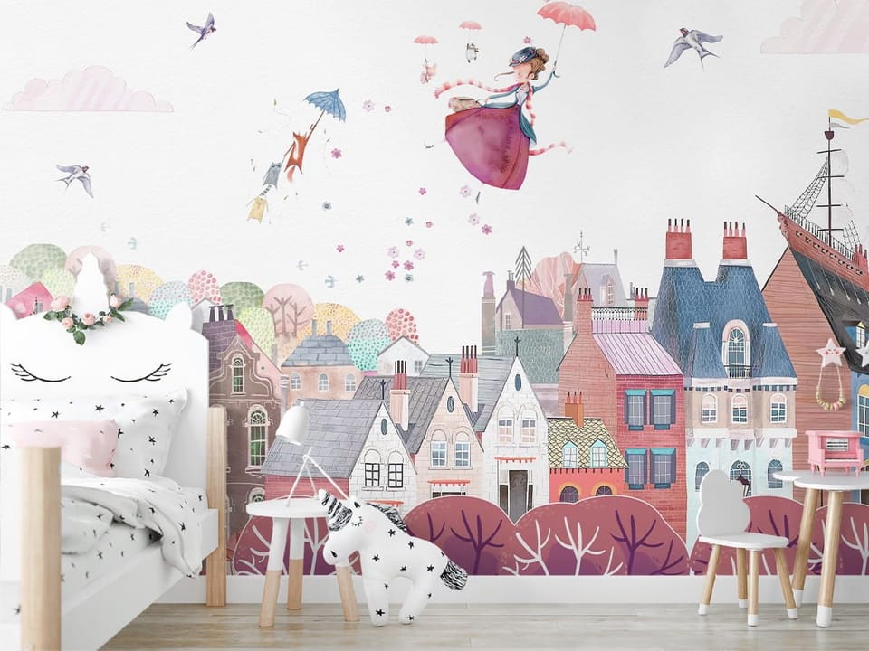 Fototapeta Latająca postać z parasolką we wnętrzu pokoju dziecka