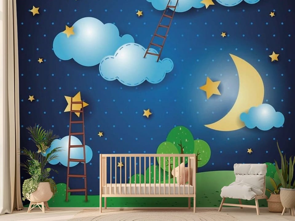Fototapeta z chmurami, drabinami i gwiazdami na nocnym niebie - nasłoneczniony pokój dziecięcy