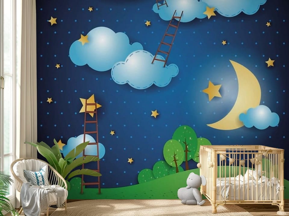 Fototapeta z chmurami, drabinami i gwiazdami na nocnym niebie - przytulny pokój dziecięcy