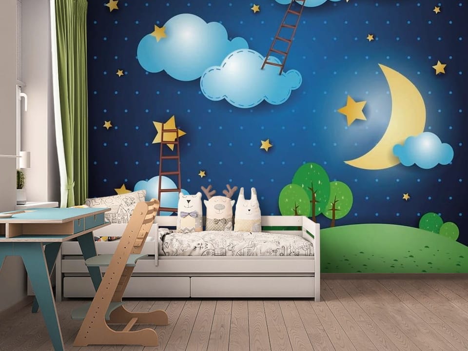 Fototapeta z chmurami, drabinami i gwiazdami na nocnym niebie - aranżacja wnętrza w pokoju dziecięcym
