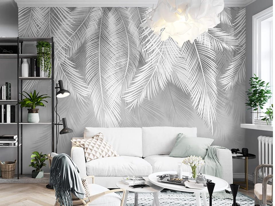 Fototapeta Białe liście palmowe na szarym tle we wnętrzu przedpokoju