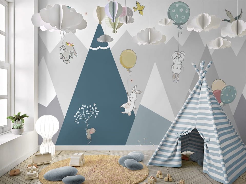 Fototapeta Króliki z balonami w górach we wnętrzu pokoju dziecka