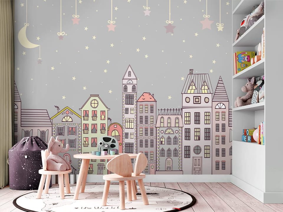 Fototapeta Kolorowe Kamienice z Księżycem we wnętrzu pokoju dziecka