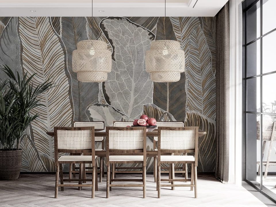 Fototapeta Liście w odcieniach brązu i szarości we wnętrzu kuchni