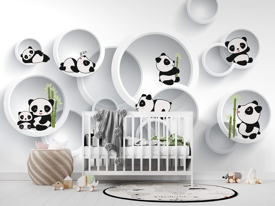 Fototapeta Pandy w Okrągłych Ramach we wnętrzu pokoju dziecka