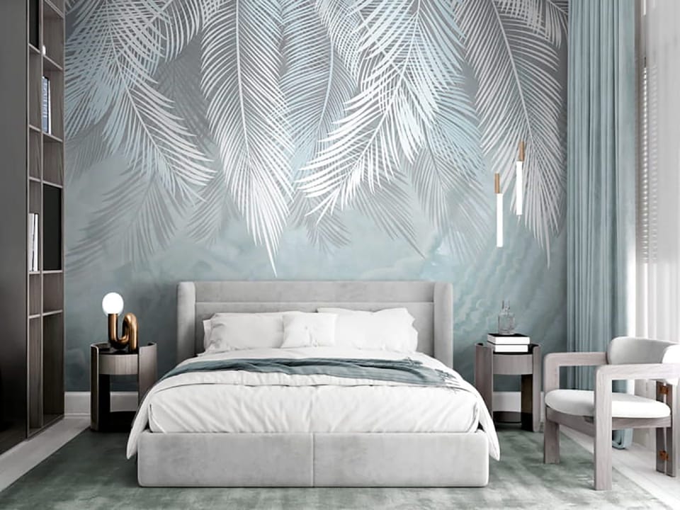 Fototapeta Białe liście palmowe na szarym tle we wnętrzu sypialni