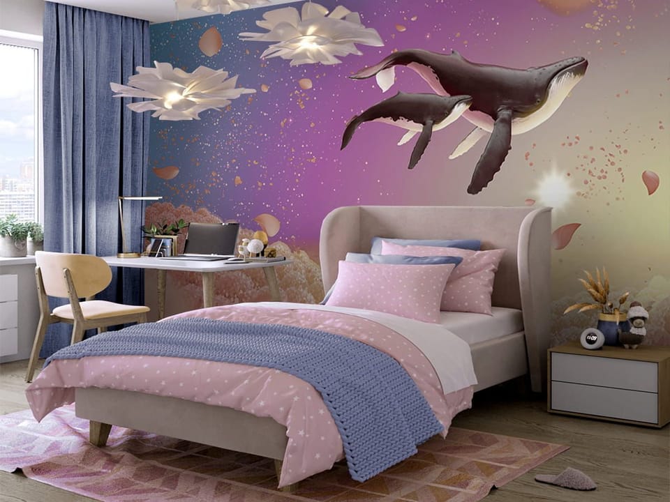Fototapeta Wieloryby w Różowych Chmurach we wnętrzu pokoju dziecka