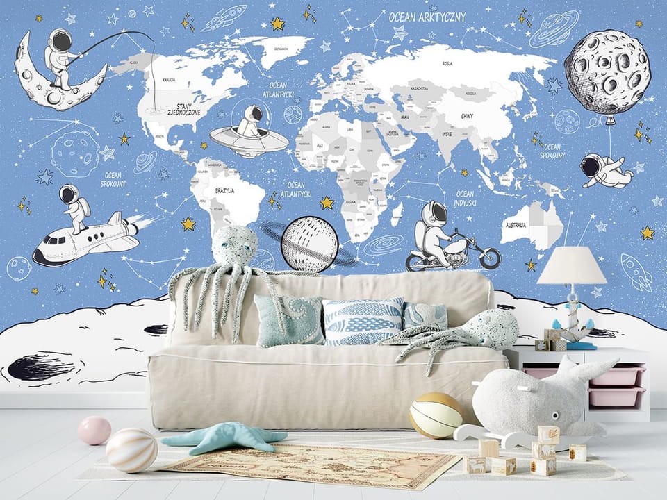 Fototapeta Astronauci i mapa świata dla dzieci we wnętrzu pokoju dziecka