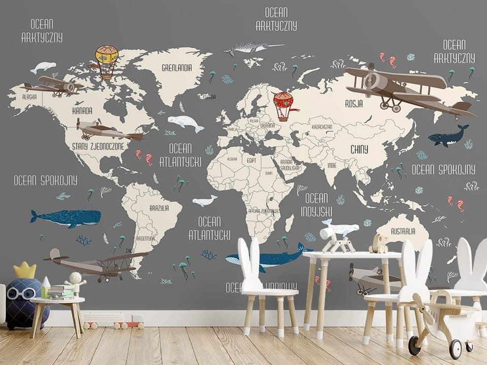 Fototapeta Mapa świata z samolotami i balonami we wnętrzu pokoju dziecka