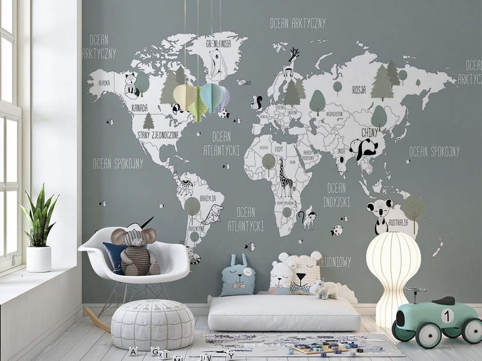 Fototapeta Mapa świata dla dzieci z zwierzętami we wnętrzu pokoju dziecka