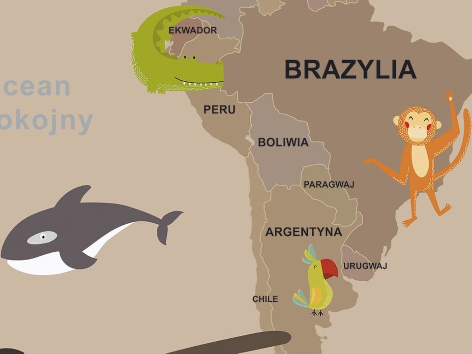 Fototapeta Mapa świata z kontynentami i zwierzętami fragment #1