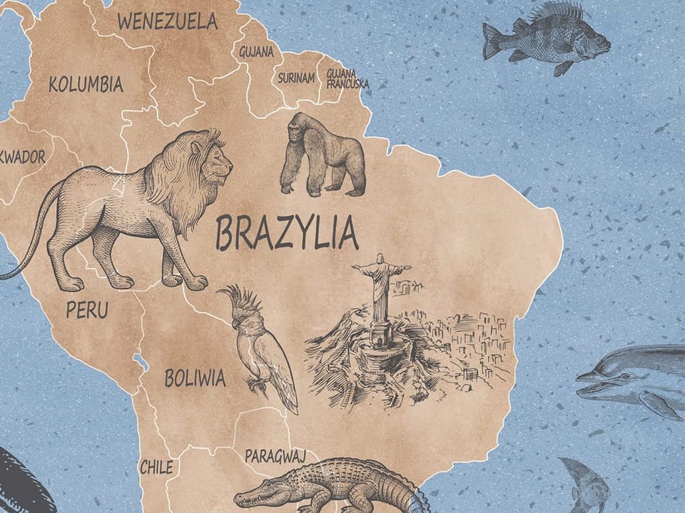 Fototapeta Mapa świata dla dzieci z rysunkami zwierząt fragment #2