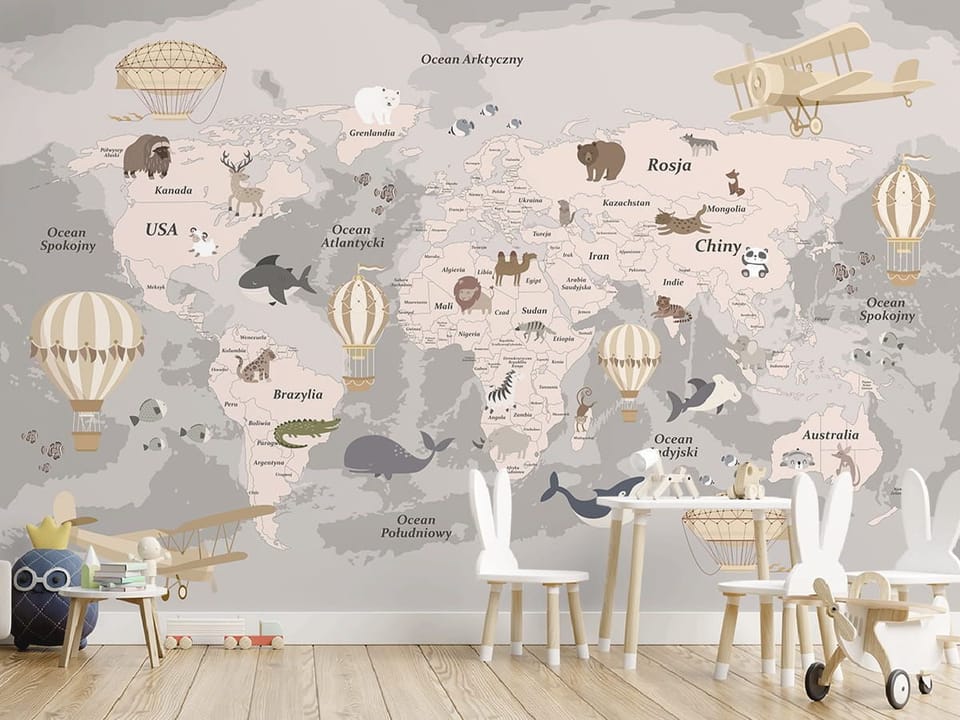 Fototapeta Mapa świata z balonami dla dzieci we wnętrzu pokoju dziecka