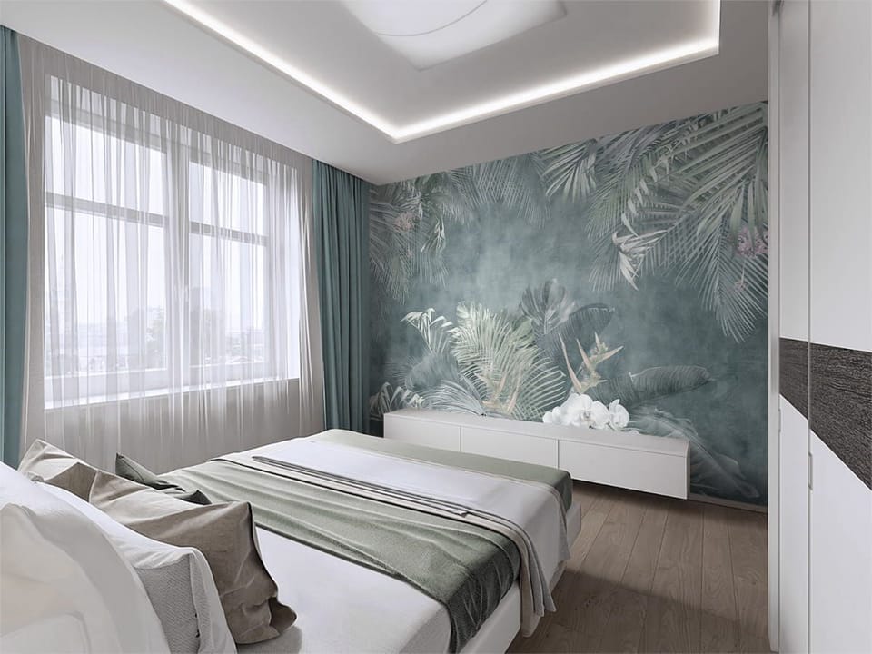 Fototapeta Tropikalna Dżungla z Orchideami we wnętrzu sypialni