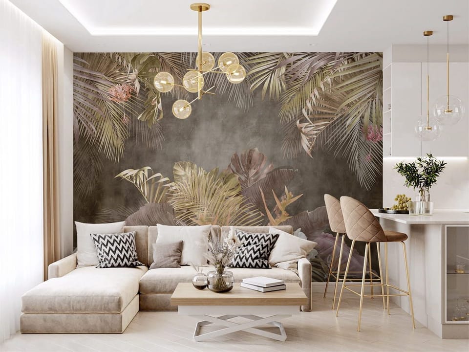 Fototapeta Tropikalne liście i orchidee we wnętrzu salonu