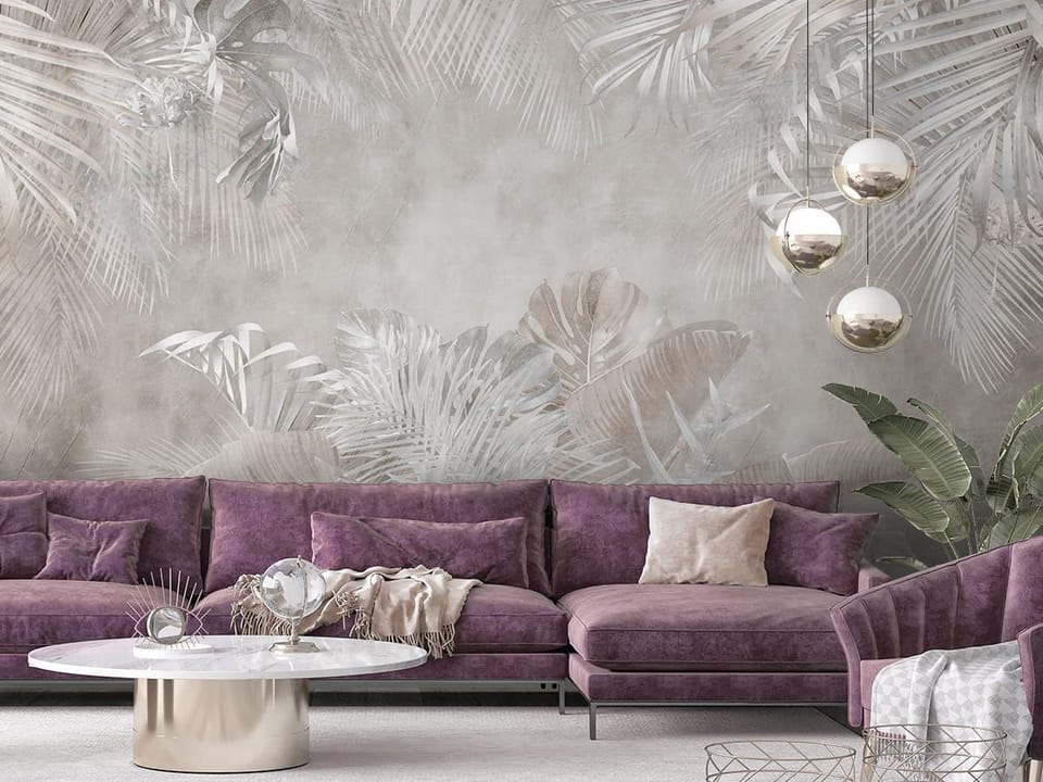 Fototapeta Tropikalne liście i orchidee we wnętrzu salonu