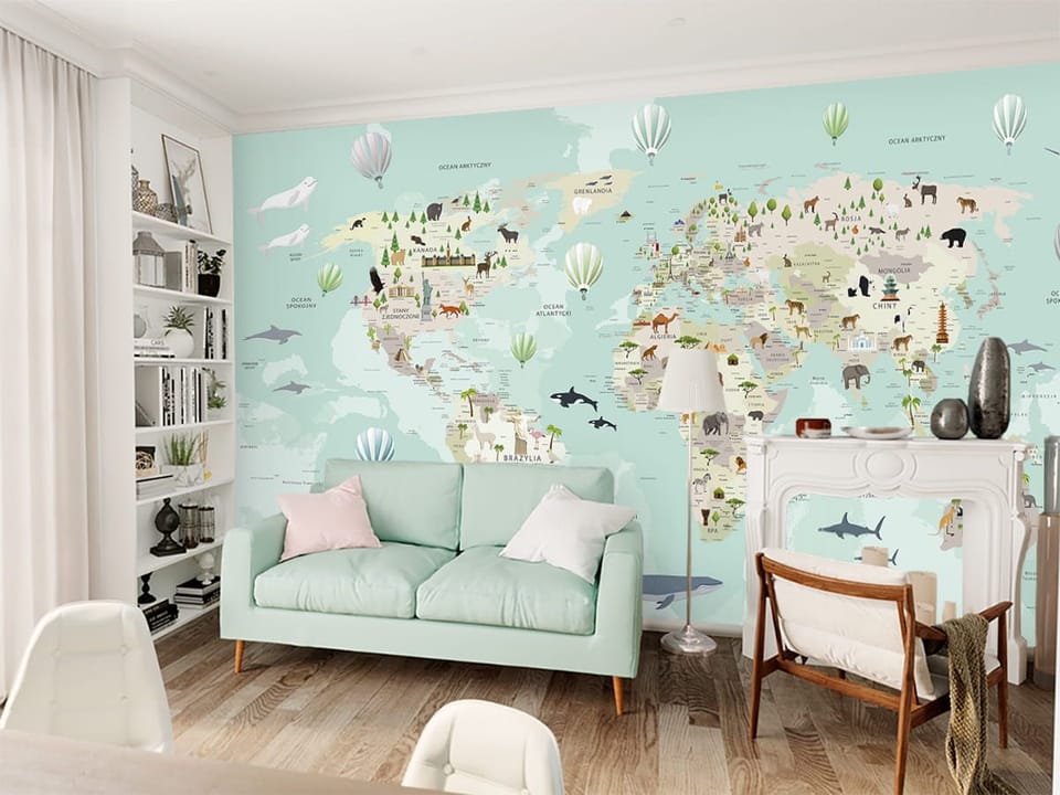 Fototapeta Mapa świata z fauną dla dzieci we wnętrzu pokoju dziecka