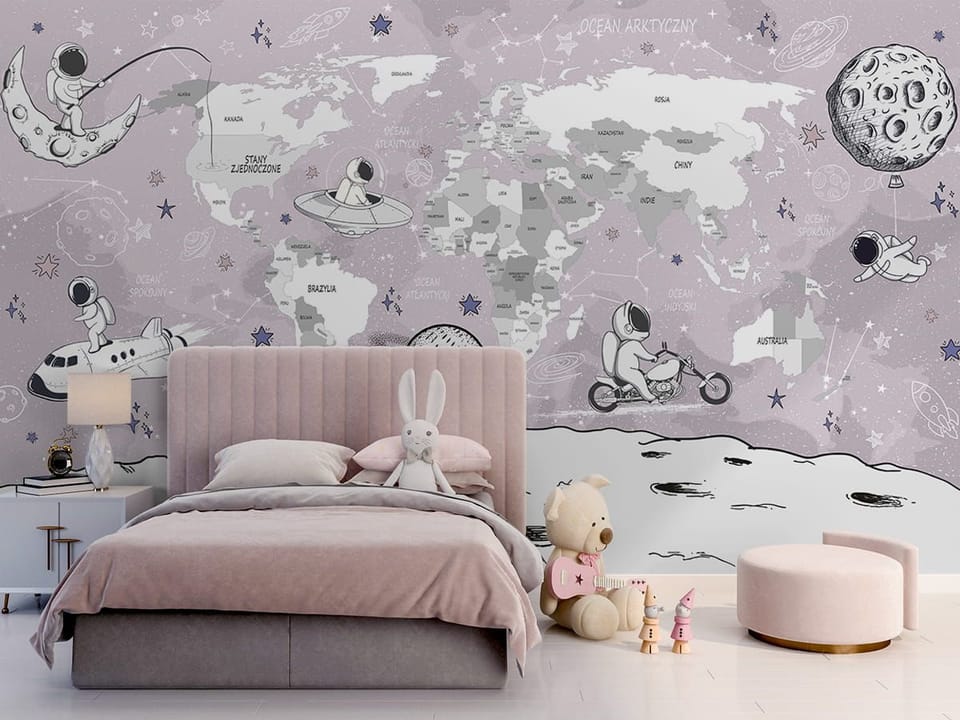 Fototapeta Astronauci na mapie świata we wnętrzu pokoju dziecka