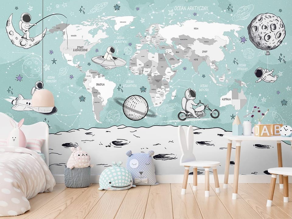 Fototapeta Astronauci i mapa świata we wnętrzu pokoju dziecka