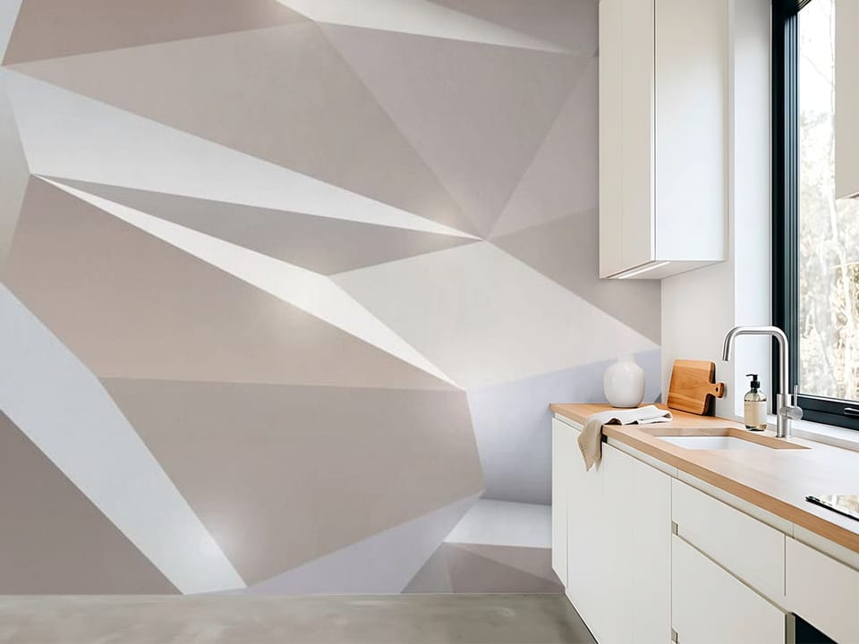 Fototapeta z geometrycznymi kształtami w odcieniach beżu - aranżacja nasłonecznionej kuchni