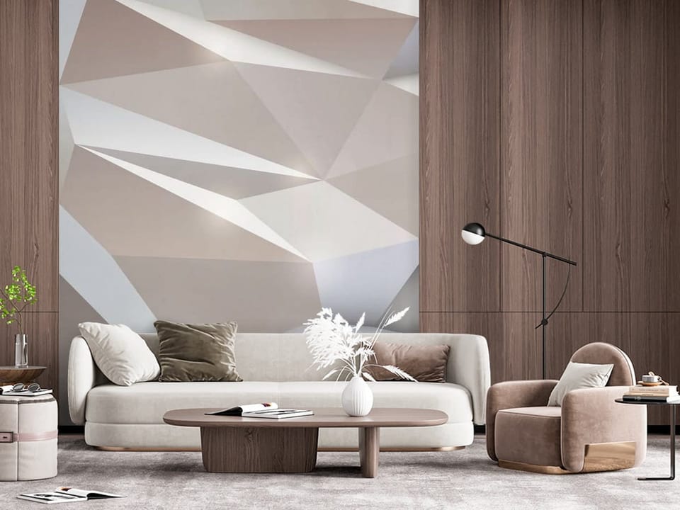 Fototapeta z geometrycznymi kształtami w odcieniach beżu - ściana w połączeniu z drewnem w salonie
