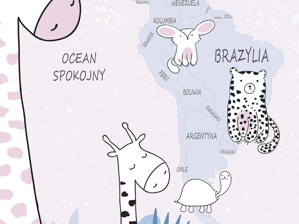 Fototapeta Mapa świata z rysunkowymi zwierzętami fragment #1