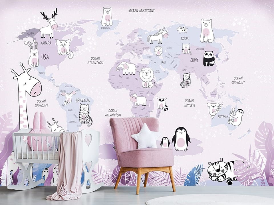 Fototapeta Mapa świata z rysunkowymi zwierzętami we wnętrzu pokoju dziecka