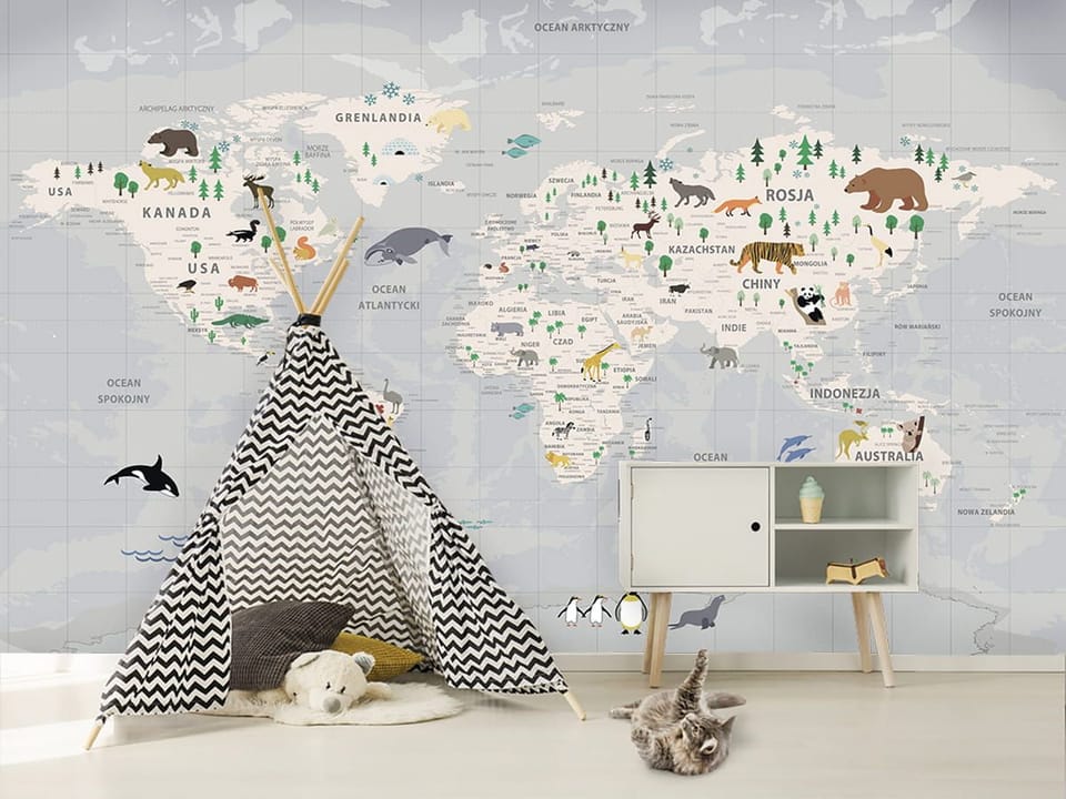 Fototapeta Mapa świata z fauną i florą we wnętrzu pokoju dziecka