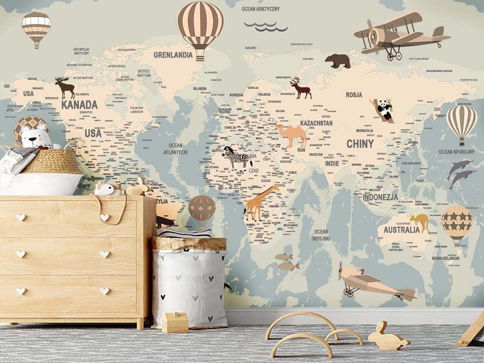 Fototapeta Mapa świata z ilustracjami zwierząt we wnętrzu pokoju dziecka