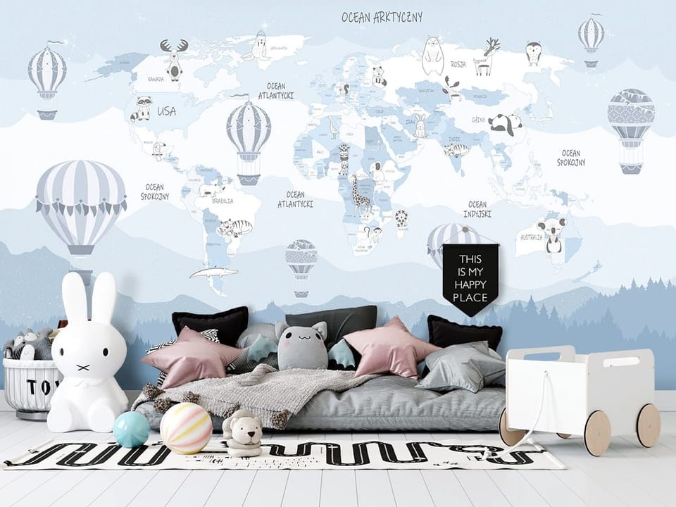 Fototapeta Mapa świata z balonami dla dzieci we wnętrzu pokoju dziecka