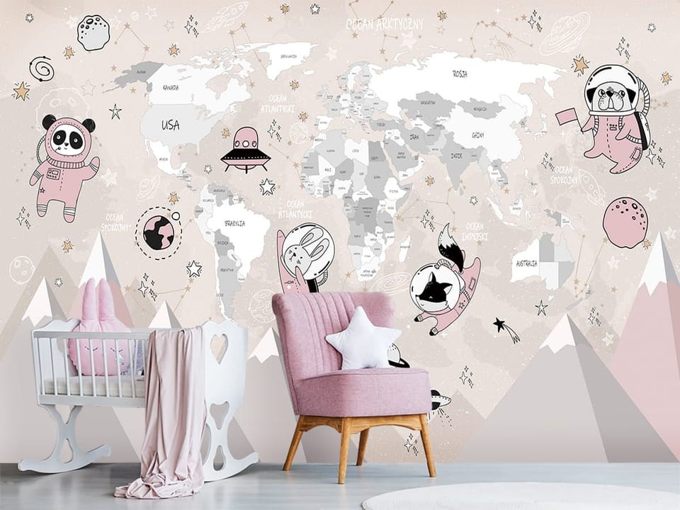 Fototapeta Mapa świata ze zwierzętami w kosmosie we wnętrzu pokoju dziecka