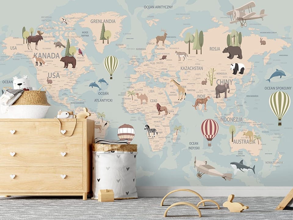 Fototapeta Mapa świata z ilustracjami zwierząt we wnętrzu pokoju dziecka