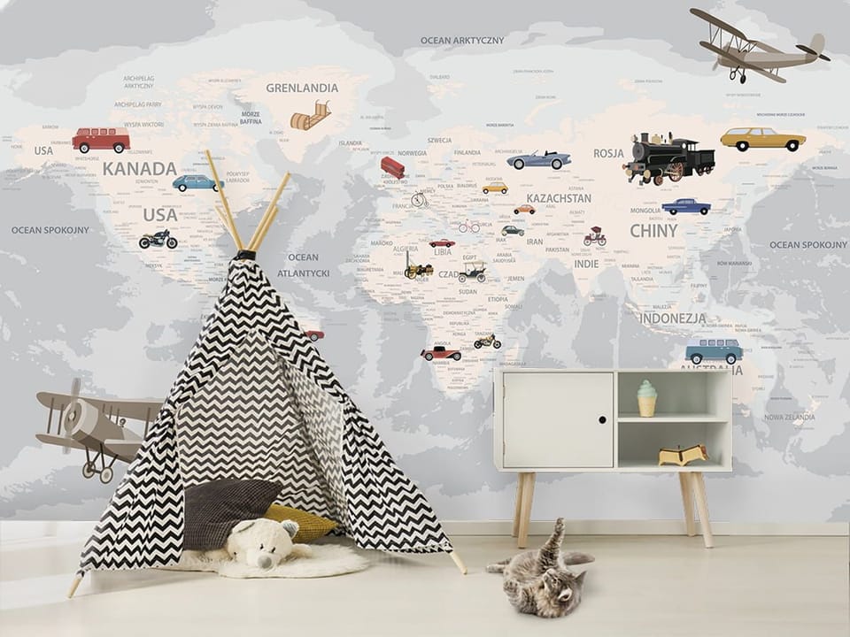 Fototapeta Mapa świata z pojazdami we wnętrzu pokoju dziecka