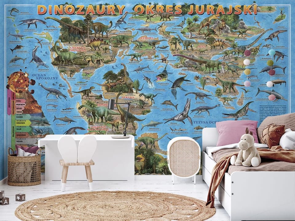 Fototapeta Mapa Dinozaurów dla Dzieci we wnętrzu pokoju dziecka