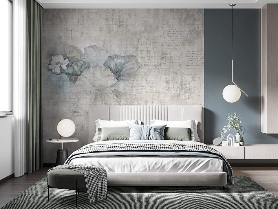 Fototapeta Lilie na tle tekstury muru we wnętrzu sypialni