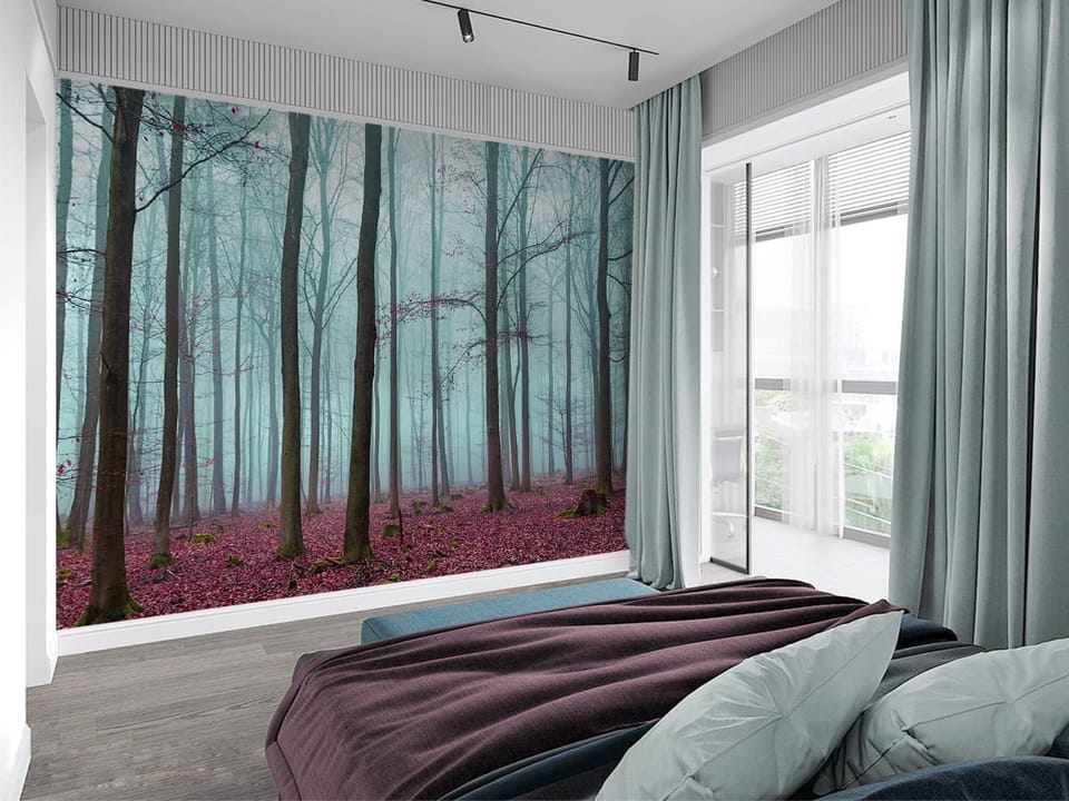 Fototapeta Tajemniczy las we mgle we wnętrzu sypialni