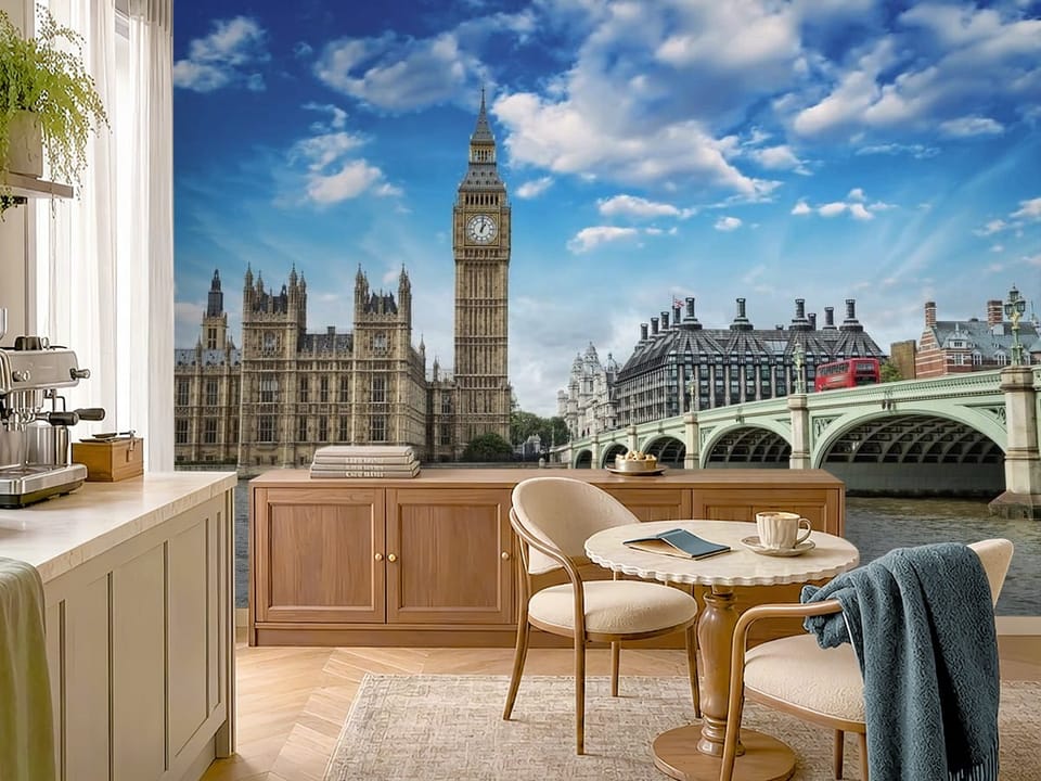 Fototapeta z Londynem – wieża zegarowa, most nad rzeką i budynki - przytulna kawiarnia z subtelną dekoracją