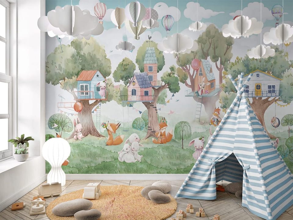 Fototapeta Zwierzęta w domkach na drzewach we wnętrzu pokoju dziecka