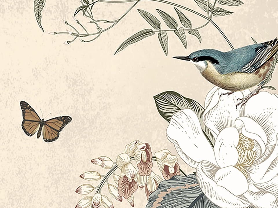 Fototapeta Kwiaty i ptaki na gałęziach fragment #2