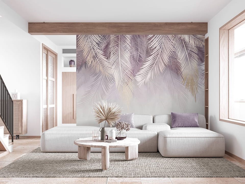Fototapeta Pastelowe Liście Palmowe we wnętrzu salonu