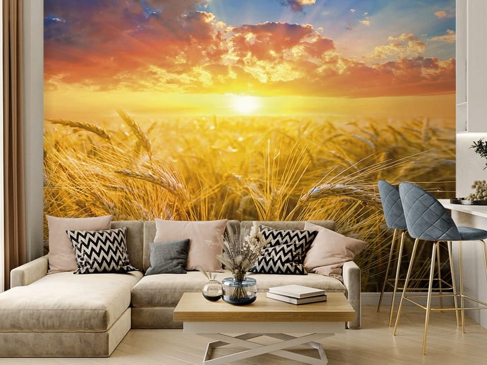Fototapeta Zachód słońca nad polem pszenicy we wnętrzu salonu