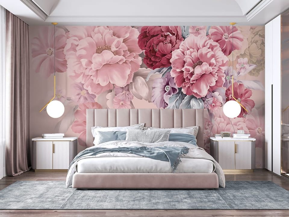 Fototapeta Bukiet Różowych i Czerwonych Kwiatów we wnętrzu sypialni