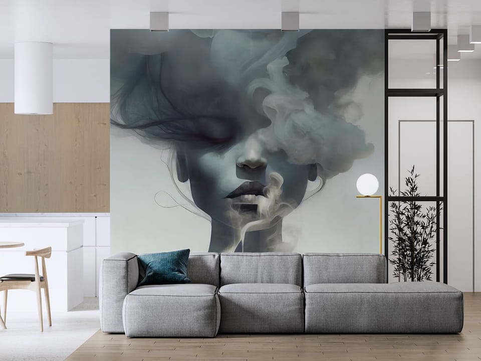 Fototapeta Tajemnicza Twarz Kobiety w Dymie we wnętrzu salonu