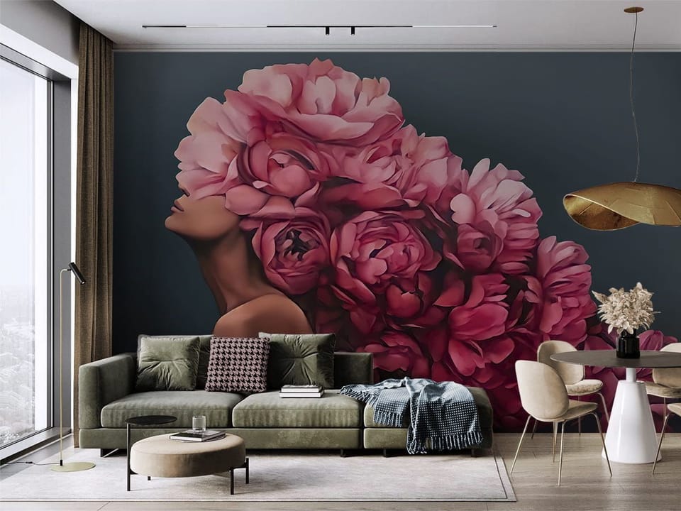 Fototapeta Kobieta z Kwiatami na Głowie we wnętrzu salonu