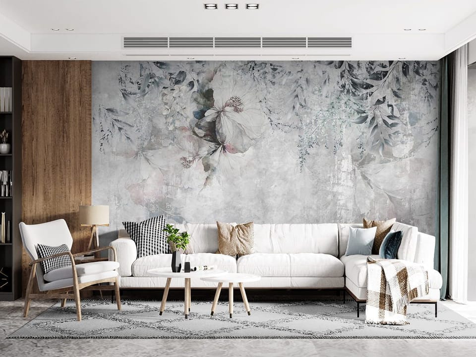 Fototapeta Kwiatowe Murale z Delikatnymi Liśćmi we wnętrzu salonu